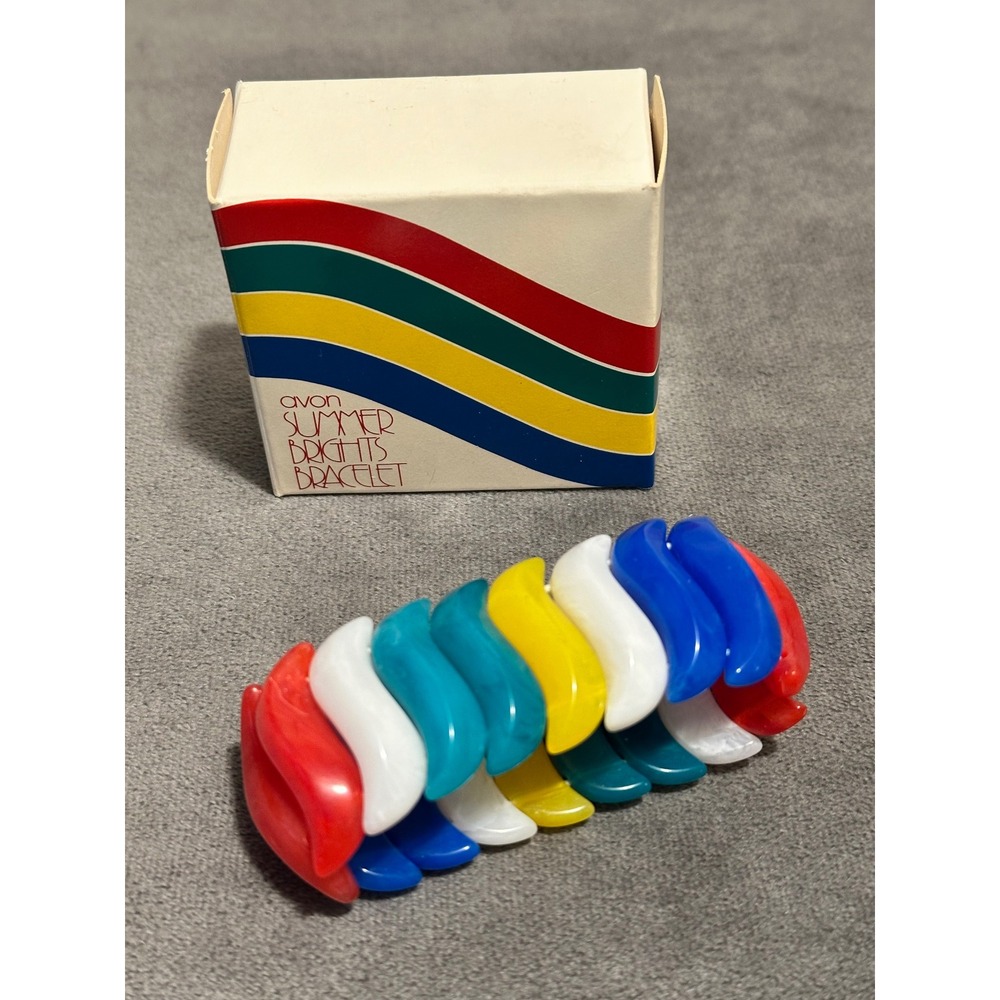 Vintage 1984 Avon Summer Brights Bracelet Multi Color Retro Stretch Link Boxed